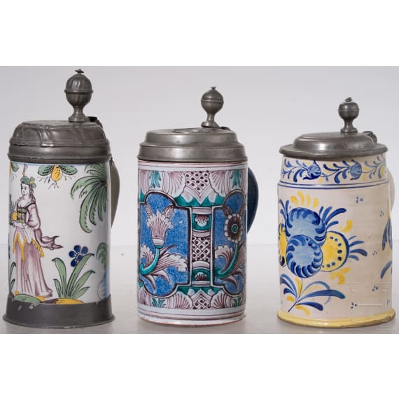 Three pewter-mounted faicene jugs, Bayreuth (one), 2nd half of the 18th century /19th century (one)