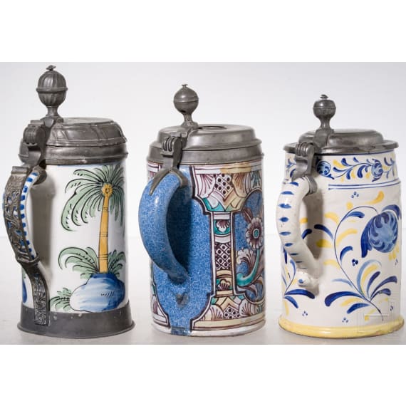 Three pewter-mounted faicene jugs, Bayreuth (one), 2nd half of the 18th century /19th century (one)