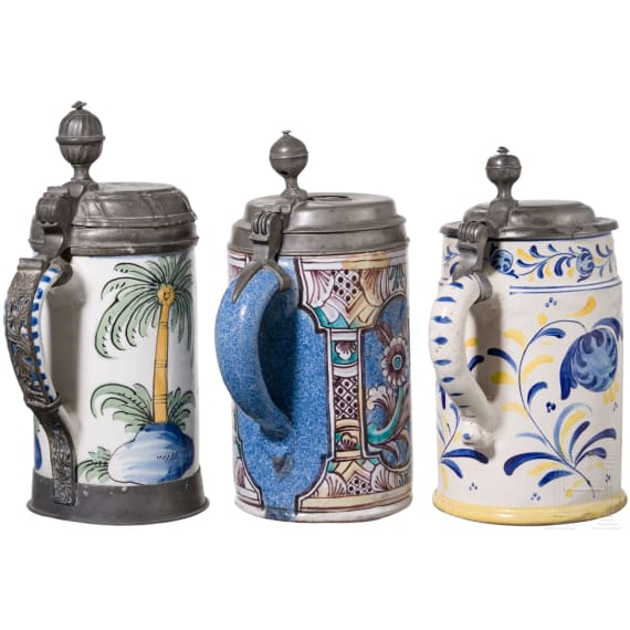 Three pewter-mounted faicene jugs, Bayreuth (one), 2nd half of the 18th century /19th century (one)