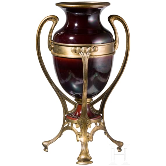 A large gilt-metal mounted, glazed art-nouveau pottery vase, circa 1910