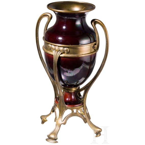 A large gilt-metal mounted, glazed art-nouveau pottery vase, circa 1910