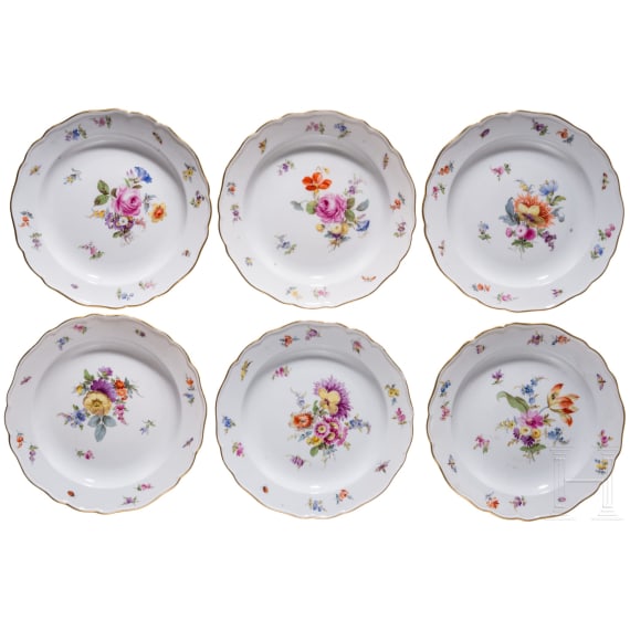 Six porcelain dessert plates with flowers and insects, Meissen, circa 1850/60