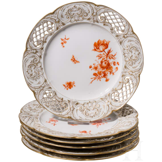 Six porcelain plates with flowers and butterfly, KPM, mid-19th century
