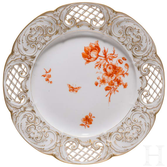 Six porcelain plates with flowers and butterfly, KPM, mid-19th century