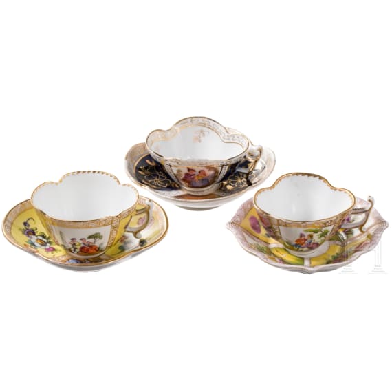 Three porcelain cups with saucers, Dresden, Helena Wolfsohn, late 19th century