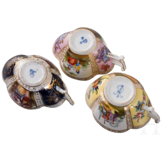 Three porcelain cups with saucers, Dresden, Helena Wolfsohn, late 19th century