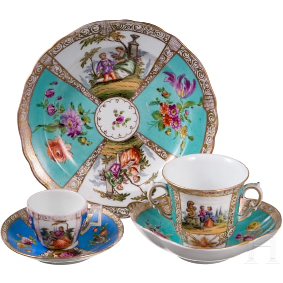 A porcelain cholocate cup with saucer, a mocha cup with saucer and a plate, Dresden, Helena Wolfsohn, late 19th century