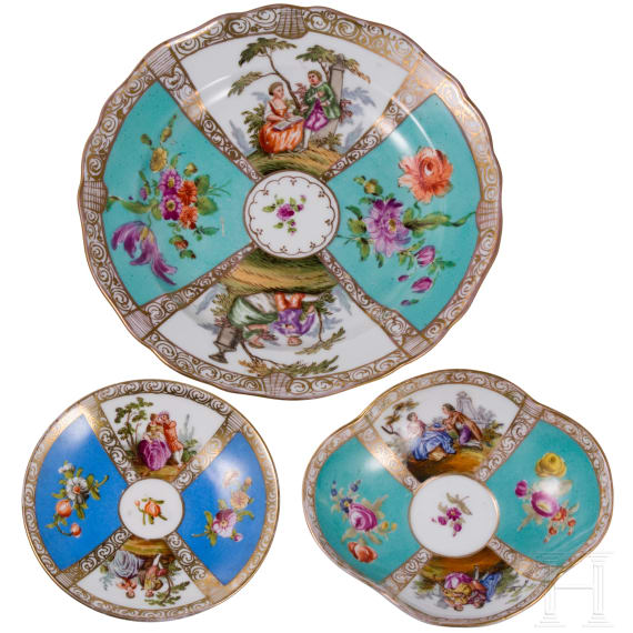 A porcelain cholocate cup with saucer, a mocha cup with saucer and a plate, Dresden, Helena Wolfsohn, late 19th century