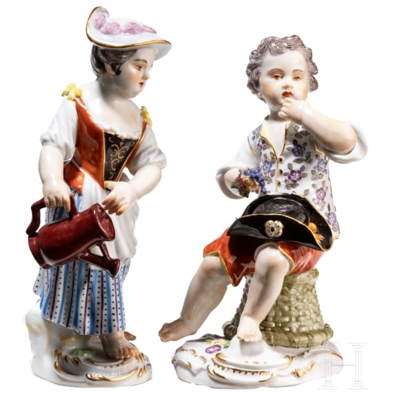 Two porcelain gardener children, Johann Joachim Kaendler, circa 1750 (desgin), Meissen, 20th century (finish)