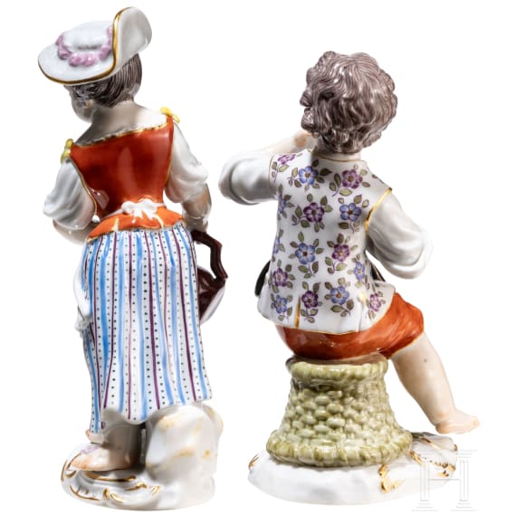 Two porcelain gardener children, Johann Joachim Kaendler, circa 1750 (desgin), Meissen, 20th century (finish)