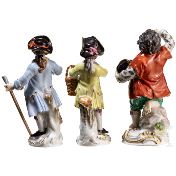 Three porcelain gardener children, Johann Joachim Kaendler, circa 1750 (design two figures), Meissen, 20th century