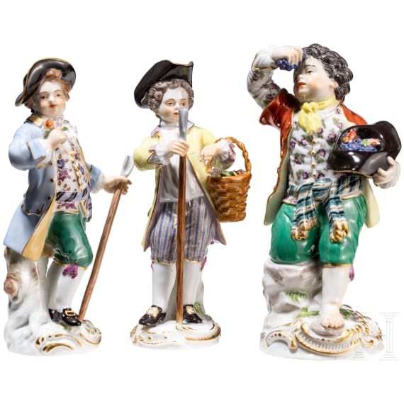 Three porcelain gardener children, Johann Joachim Kaendler, circa 1750 (design two figures), Meissen, 20th century