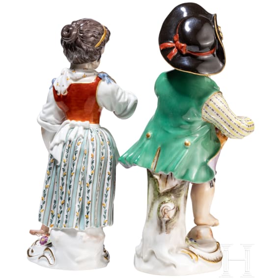Two porcelain gardener children, Johann Joachim Kaendler, circa 1750 (desgin), Meissen, 20th century (finish)