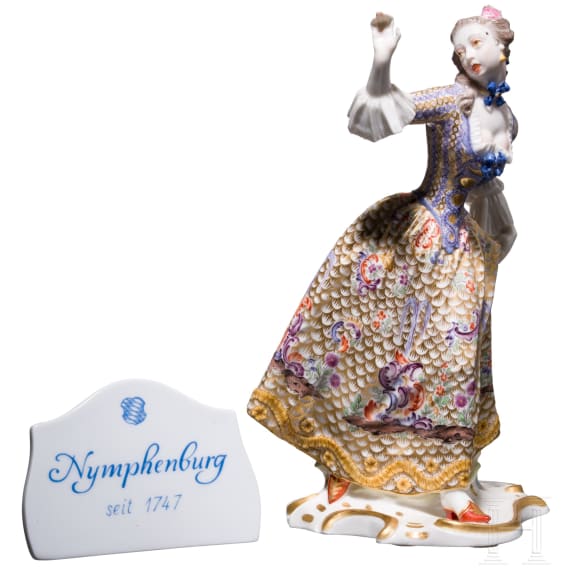 A porcelain figure "Leda" from the Italian Commedia dell'arte, Franz Bustelli (design), Nymphenburg, 20th century (finish), and a porcelain shield "Nymphenburg"