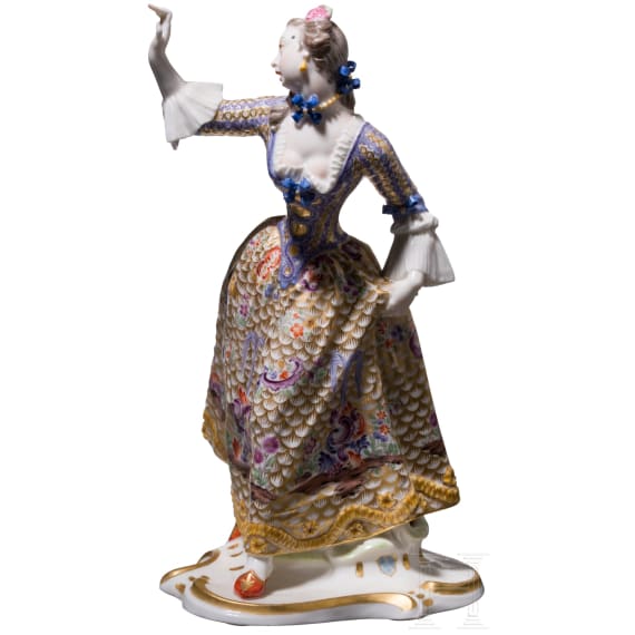 A porcelain figure "Leda" from the Italian Commedia dell'arte, Franz Bustelli (design), Nymphenburg, 20th century (finish), and a porcelain shield "Nymphenburg"