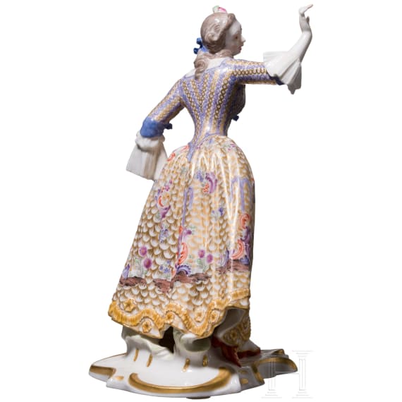 A porcelain figure "Leda" from the Italian Commedia dell'arte, Franz Bustelli (design), Nymphenburg, 20th century (finish), and a porcelain shield "Nymphenburg"
