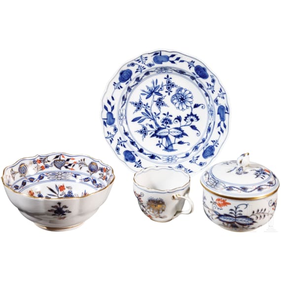 A porcelain bowl, a cup and a sugar basin with coloured onion pattern and a dessert plate with onion pattern, Meissen, before 1908 (two pieces), 20th century (two pieces)