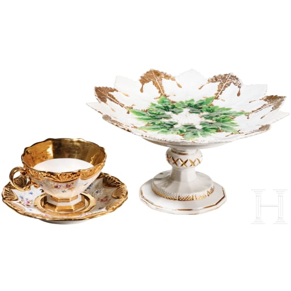A porcelain cup with saucer and a centerpiece (fruit stand), Meissen, 1820/1860