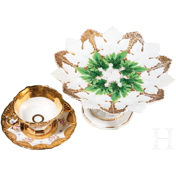 A porcelain cup with saucer and a centerpiece (fruit stand), Meissen, 1820/1860