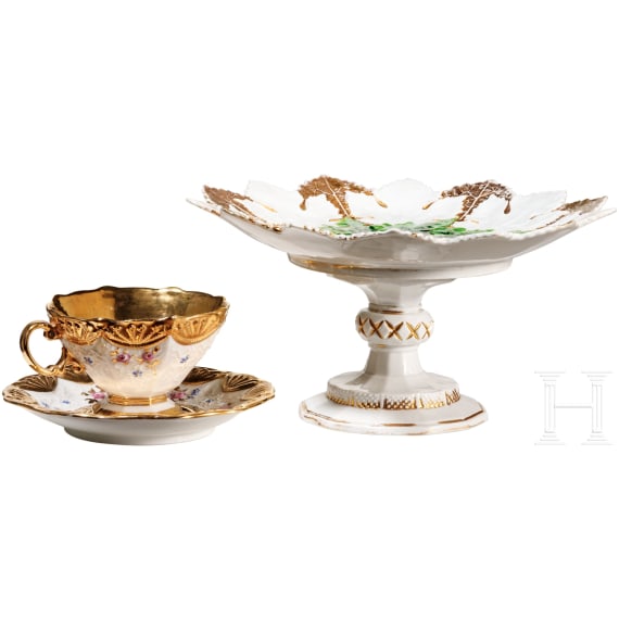A porcelain cup with saucer and a centerpiece (fruit stand), Meissen, 1820/1860