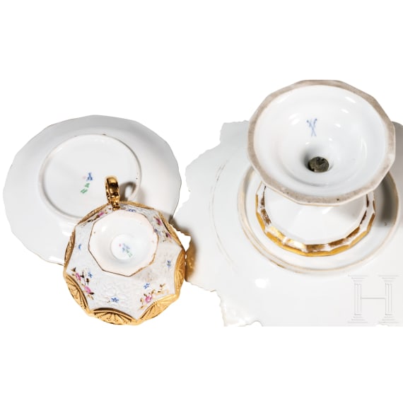 A porcelain cup with saucer and a centerpiece (fruit stand), Meissen, 1820/1860