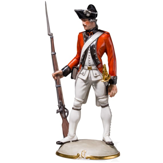 A porcelain soldier "Fusilier du R&eacute;giment d'Erlach" (Fusilier from the Regiment of Erlach), Nymphenburg, 20th century