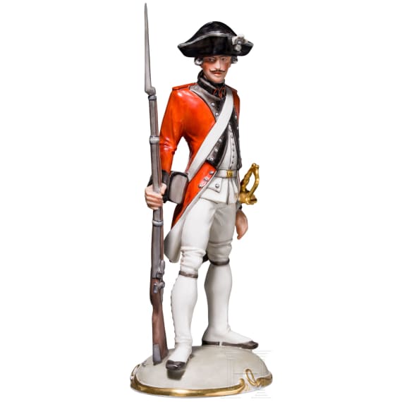 A porcelain soldier "Fusilier du R&eacute;giment d'Erlach" (Fusilier from the Regiment of Erlach), Nymphenburg, 20th century