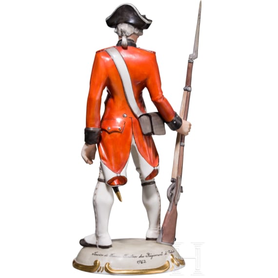 A porcelain soldier "Fusilier du R&eacute;giment d'Erlach" (Fusilier from the Regiment of Erlach), Nymphenburg, 20th century