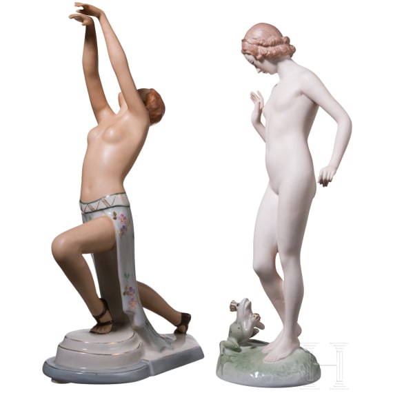 Two porcelain figures "Frog King", Max Hermann Fritz (design), Rosenthal, 1937, and a nude dancer, E. Strobach (design), Royal Dux, 1938-45