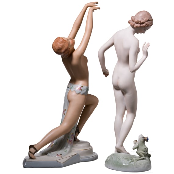 Two porcelain figures "Frog King", Max Hermann Fritz (design), Rosenthal, 1937, and a nude dancer, E. Strobach (design), Royal Dux, 1938-45