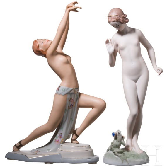 Two porcelain figures "Frog King", Max Hermann Fritz (design), Rosenthal, 1937, and a nude dancer, E. Strobach (design), Royal Dux, 1938-45
