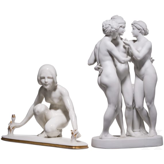 A biscuit porcelain group "Three Graces", Katzh&uuml;tte, Hertwig & Co., 1920-40, and a kneeling porcelain nude, Berthold Boes (design), Volkstedt, Ens, 20th century