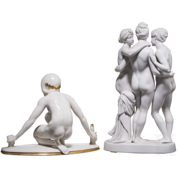 A biscuit porcelain group "Three Graces", Katzh&uuml;tte, Hertwig & Co., 1920-40, and a kneeling porcelain nude, Berthold Boes (design), Volkstedt, Ens, 20th century