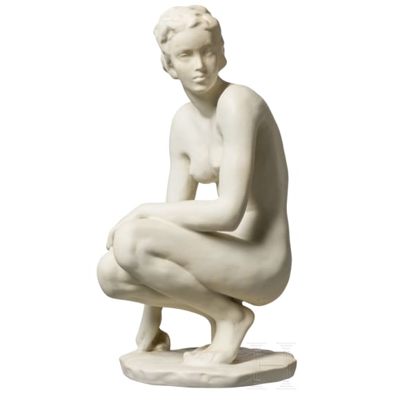 A buiscuit porcelain figure of a crouching nude "Die Hockende", Fritz Klimsch, 1936 (design), Rosenthal, 1940s