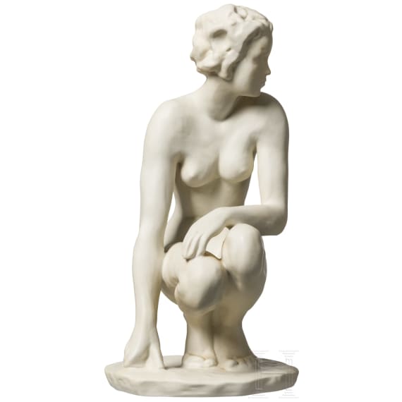 A buiscuit porcelain figure of a crouching nude "Die Hockende", Fritz Klimsch, 1936 (design), Rosenthal, 1940s