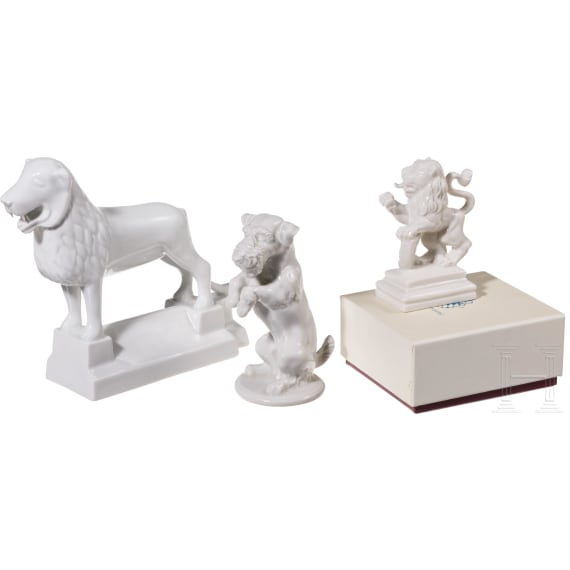 Three porcelain figures - Braunschweig lion (F&uuml;rstenberg porcelain factory), standing fox terrier (Bavaria Jaeger & Co.), Bavarian lion (Nymenburg)