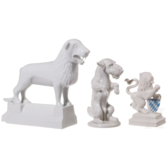 Three porcelain figures - Braunschweig lion (F&uuml;rstenberg porcelain factory), standing fox terrier (Bavaria Jaeger & Co.), Bavarian lion (Nymenburg)