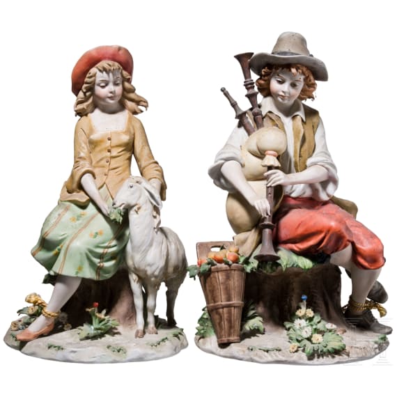 Two Italian biscuit porcelain figures (couple) of a boy with bagpipe and a girl feeding a goat, Benaccio (design), Capodimonte, Triade, 20th century