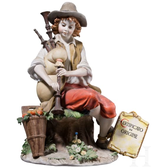 Two Italian biscuit porcelain figures (couple) of a boy with bagpipe and a girl feeding a goat, Benaccio (design), Capodimonte, Triade, 20th century
