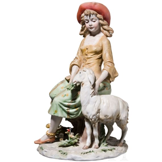 Two Italian biscuit porcelain figures (couple) of a boy with bagpipe and a girl feeding a goat, Benaccio (design), Capodimonte, Triade, 20th century