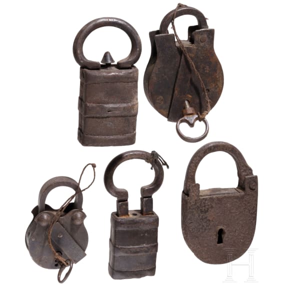 Five German and Asian iron padlocks, circa 1800