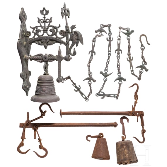 Two German cast iron scales, 18th century, and a cast brass wall bell, 19th century