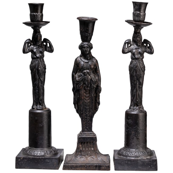 Three German cast iron candlesticks, probably "Berlin Iron", 1st half of the 19th century