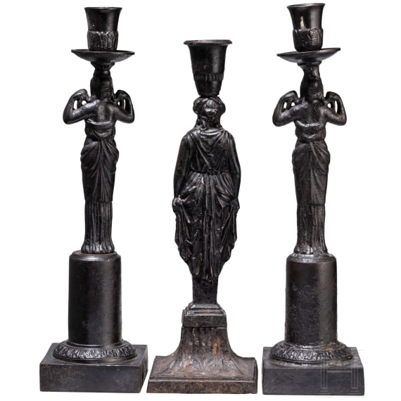 Three German cast iron candlesticks, probably "Berlin Iron", 1st half of the 19th century