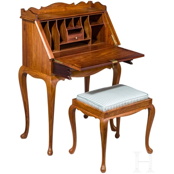 An elegant Pakistani secretary desk with ottoman, M. Hayat & Bros., 20th century