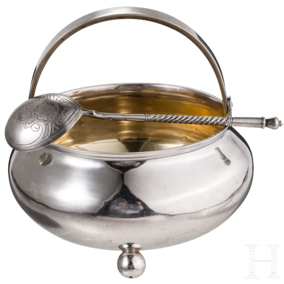 A partially gilt Russian silver sugar bowl and spoon, St. Petersburg, 1875 (sugar bowl)/circa 1910 (spoon)
