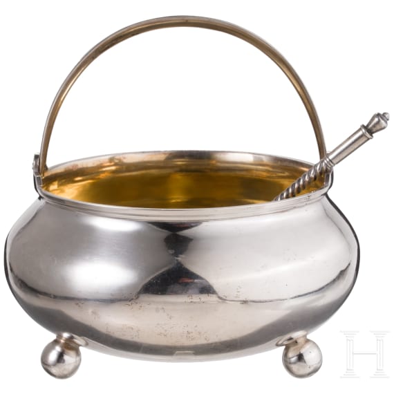 A partially gilt Russian silver sugar bowl and spoon, St. Petersburg, 1875 (sugar bowl)/circa 1910 (spoon)