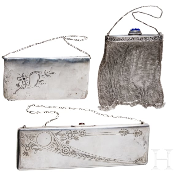 Three silver purses, Russian, 1908 - 1917 (two) and Latvian, circa 1920 (one) resp.