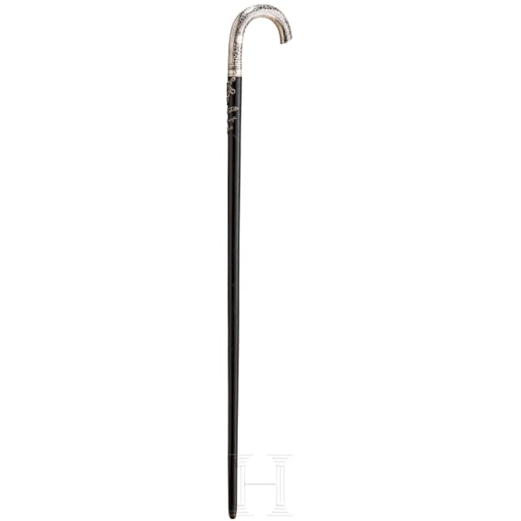 A Russian silver- and niello-mounted wooden working cane, Kiev, 1908-17