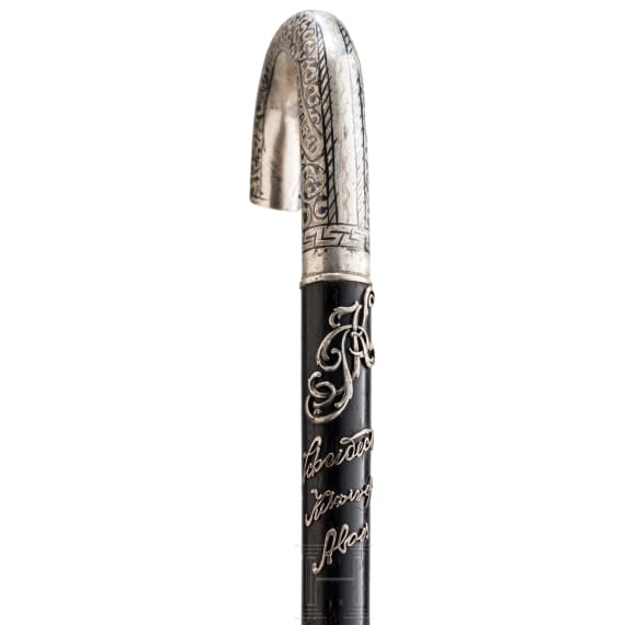 A Russian silver- and niello-mounted wooden working cane, Kiev, 1908-17
